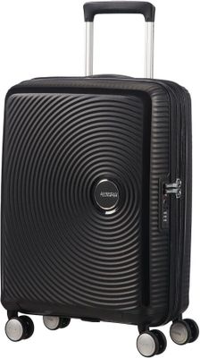 a close up of a black suitcase with wheels on a white background