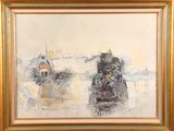 a picture of a painting of a train going down the tracks