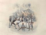 a drawing of a group of men fighting with each other