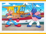 tableau représentant deux personnages de bande dessinée en train de jouer à un jeu sur un bateau