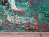 an oil painting of a woman ' s feet on a green surface