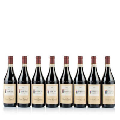 six bottles of red wine lined up in a row