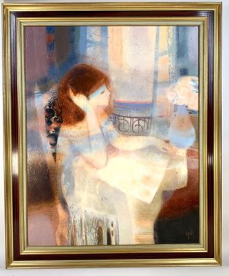 painting of a woman sitting at a table in front of a window