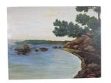 an oil painting of a beach scene with rocks and trees