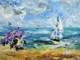 une peinture de personnes sur la plage avec des parasols