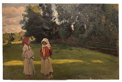 tableau représentant deux femmes debout dans un champ, avec des arbres en arrière-plan