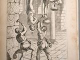 an old book with a drawing of a man hanging from a pole