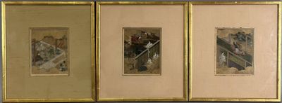 three framed pictures of a man and a woman on a bench