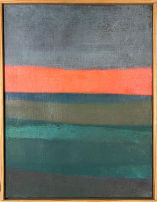 an oil painting of a green, orange, and blue landscape in a gold frame