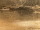 a drawing of a boat on the water with a boat in the background