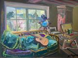 a painting of a guitar sitting on a couch in a living room