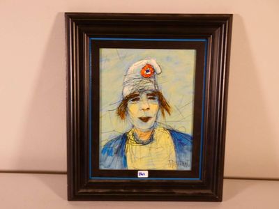 painting of a woman in a hat with a donut on her head