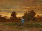 an image of a painting of a man with a dog in a field