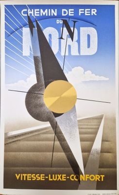 poster of a plane on the ground with a sun in the background