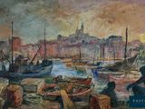 une peinture représentant une scène portuaire avec des bateaux dans l'eau