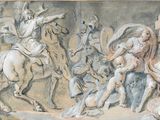 une peinture représentant un groupe de personnes à cheval