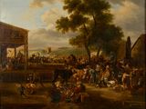 painting of a crowd of people gathered around a horse drawn carriage