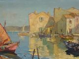 a painting of boats in a harbor with buildings in the background
