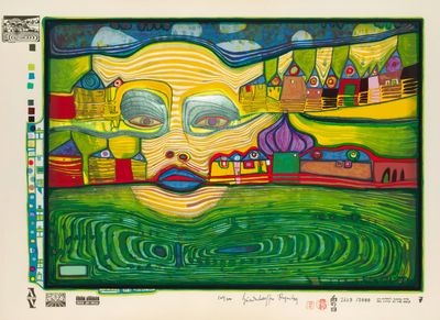 abstract painting of a face with a village in the background