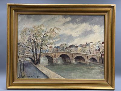 un tableau représentant un pont enjambant une rivière, avec des arbres au premier plan