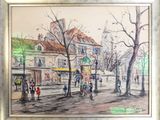 tableau représentant une scène de rue en ville avec des passants marchant sur le trottoir
