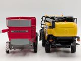 two toy trucks that are next to each other on a white surface