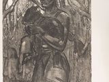 a black and white drawing of a woman holding a dog