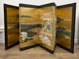 three paneled screen with a painting of a man and a dog