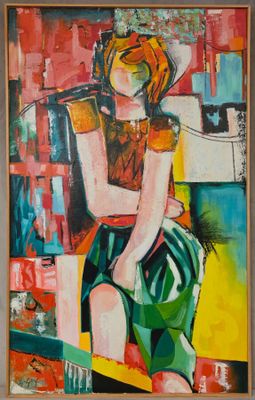 une peinture à l'huile représentant une femme assise sur un banc, coiffée d'un chapeau