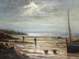 une peinture d'un bateau sur la plage au bord de l'eau