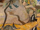 a painting of a man and a dog in a field