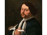 un tableau représentant un homme en manteau noir tenant un livre