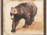 painting of a brown bear in a wood frame on a white background