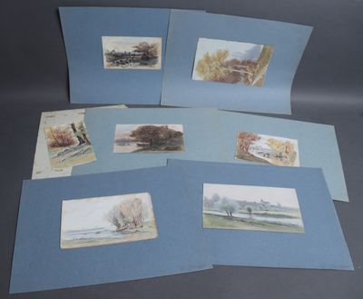 four cards of watercolor paintings of a river and trees