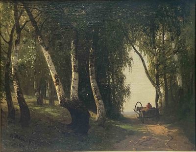 un tableau représentant un homme assis sur un banc dans les bois