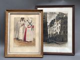 two framed pictures of a man and a woman standing in front of a building