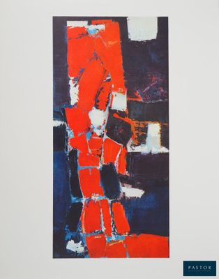 une peinture représentant une œuvre abstraite rouge et bleue sur un mur blanc