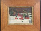 an oil painting of cherries and leaves on a table cloth