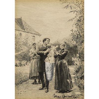 a black and white drawing of a group of people standing in front of a house