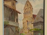 tableau représentant un vieux bâtiment avec une tour horloge au centre