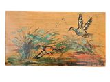 a painting of two ducks flying over the water