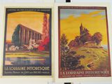 two vintage travel posters on the wall of a building