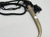 a long horn with a rope around it on a white surface