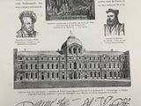 an old black and white drawing of a building with a lot of pictures on it