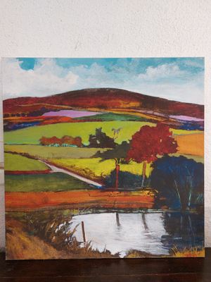 an oil painting of a landscape with a river in the foreground