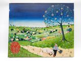 tableau représentant une femme promenant son chien sur un sentier dans un champ