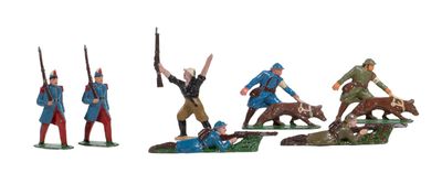 several figurines of soldiers with weapons and dogs on a white background