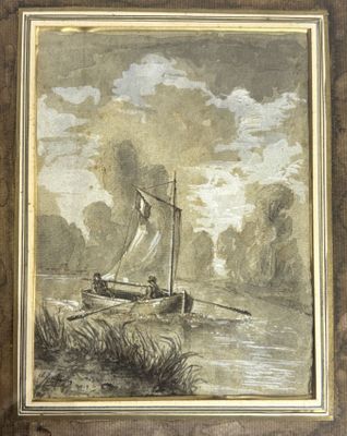 painting of a sailboat on a river with a cloudy sky in the background