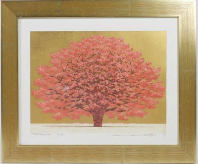 an image of a painting of a pink tree in a gold frame