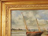 a painting of a sailboat on the beach by the water